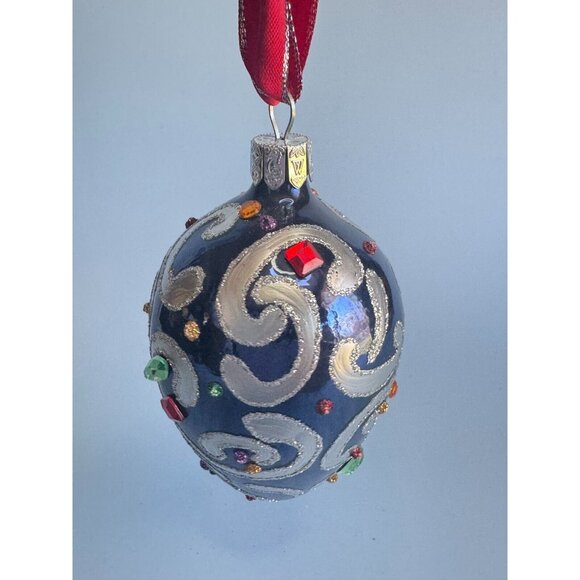 Waterford Sapphire Scroll Egg Jeweled Blown Glass Ornament Rare 1997 Handmade Co - Picture 6 of 7